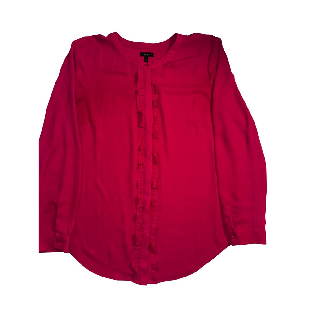Talbots Womens Magenta Pink Ruffle Front Long Sleeve Blouse Top Size M Pink